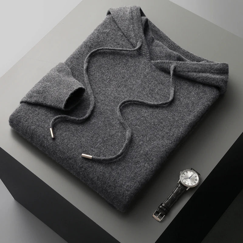Men's Knitted Hoodie Relaxed Drawstring Pullover for Casual Wear