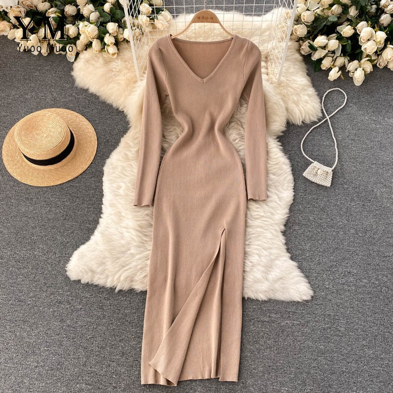 Women's Ribbed Knit Bodycon Maxi Dress – Long