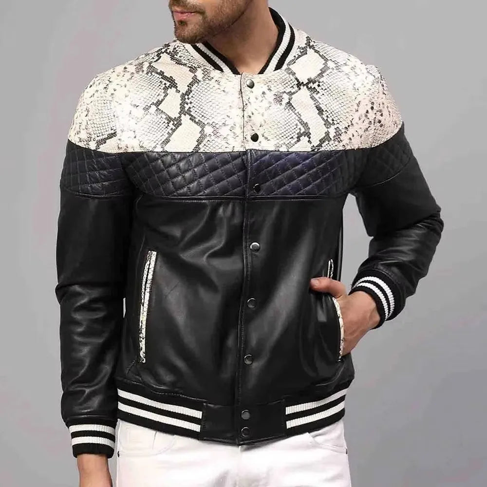Men's Slim Fit Stand Collar Leather Bomber Jacket Breathable