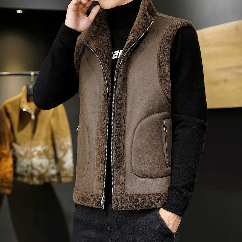 Men's Soft Sherpa Winter Vest With Full Zip and Pockets - Dark Brown