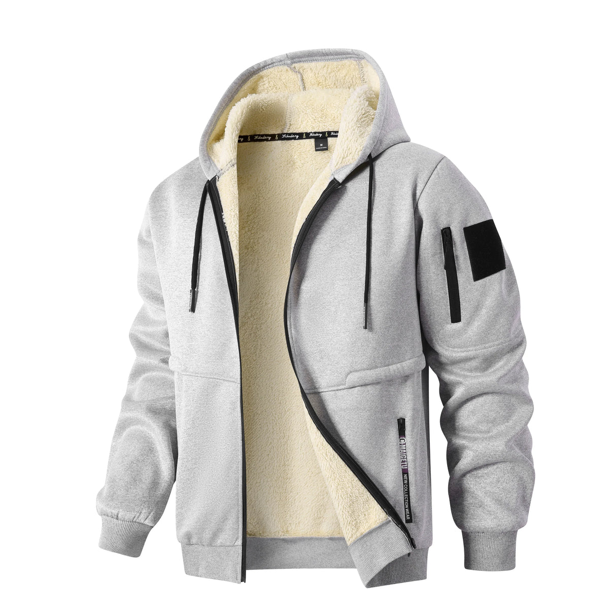 Men's Zip-Up Sherpa Hoodie Jacket With Utility Pocket - Light Gray