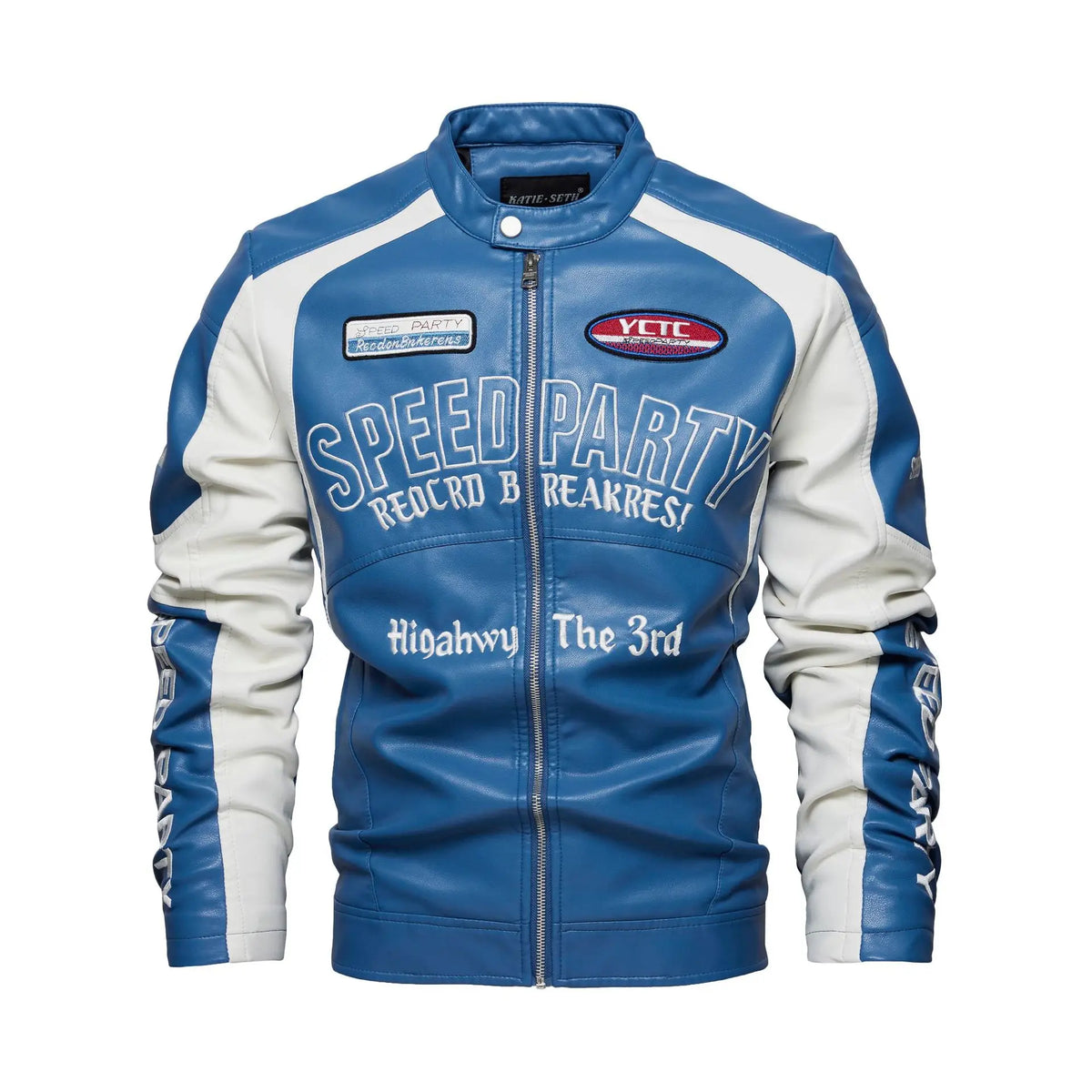 Men's Racer Leather Jacket With Embroidered Lettering - Sky Blue