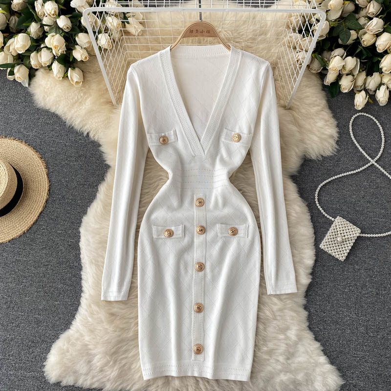 Women's Knitted Button-Front Midi Dress – V-Neck Long