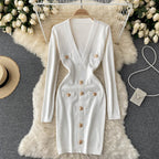 Women's Knitted Button-Front Midi Dress – V-Neck Long