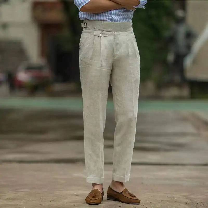 Men's High Waist Tailored Linen Trousers Elegant Casual Pants