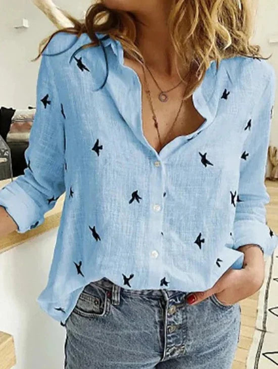 Women's Button-Down Shirt Long Sleeve Bird Print Blouse