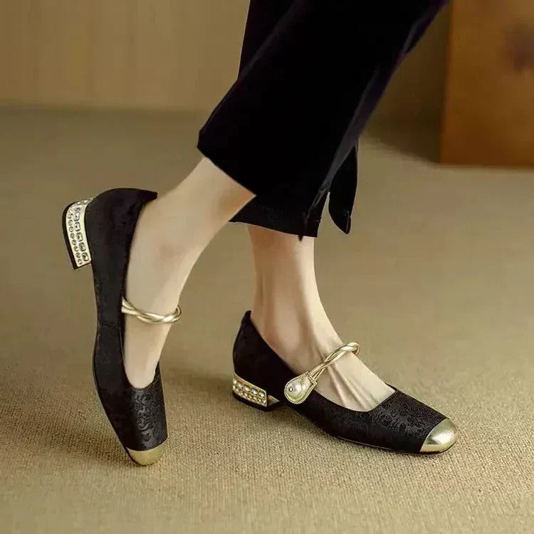 Women's Pearl Strap Mary Janes with Metallic Toe Cap