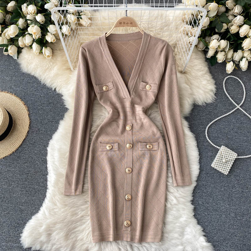 Women's Knitted Button-Front Midi Dress – V-Neck Long