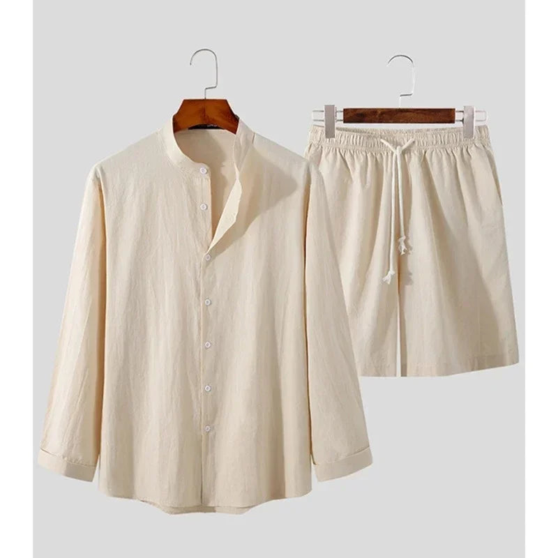 Men's Linen Cotton Summer Set Breathable Shirt and Relaxed