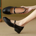 Women's Smooth Leather Ankle-Strap Mary Janes with Round Toe - Black