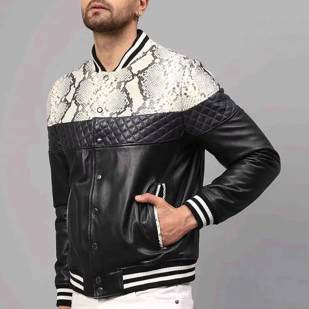 Men's Slim Fit Stand Collar Leather Bomber Jacket Breathable