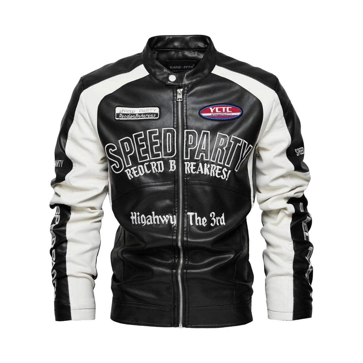 Men's Racer Leather Jacket With Embroidered Lettering - Black