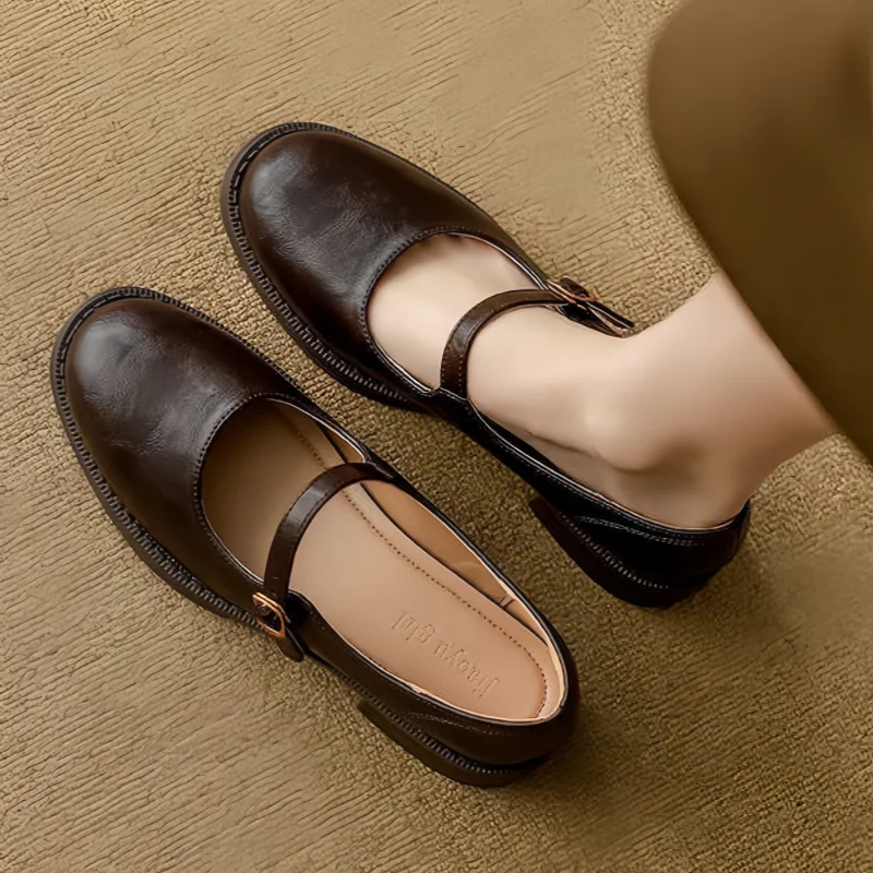 Women's Smooth Leather Ankle-Strap Mary Janes with Round Toe