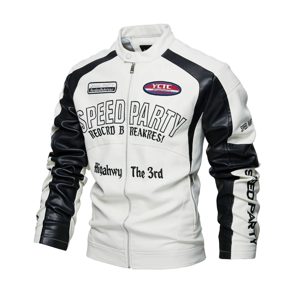 Men's Racer Leather Jacket With Embroidered Lettering - White