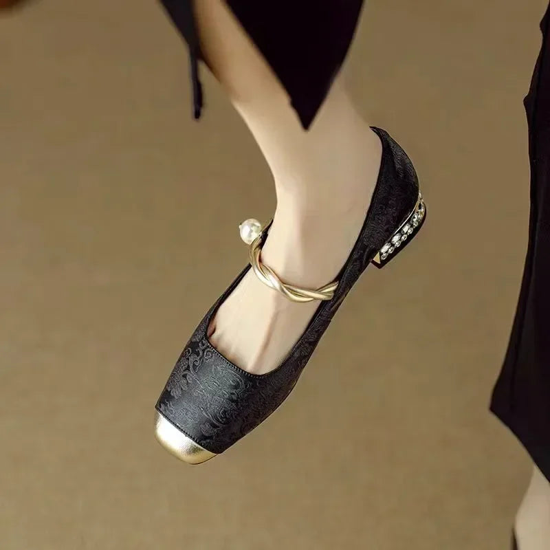 Women's Pearl Strap Mary Janes with Metallic Toe Cap