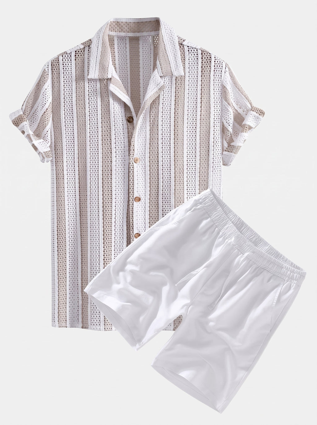 Men's Mesh Cuban Shirt Set Linen Blend Drawstring Shorts