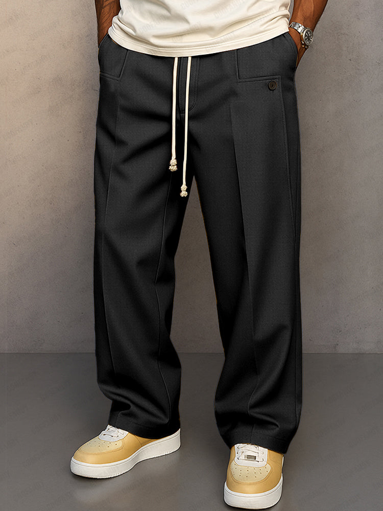 Men's Wide Leg Drawstring Pleated Casual Trousers