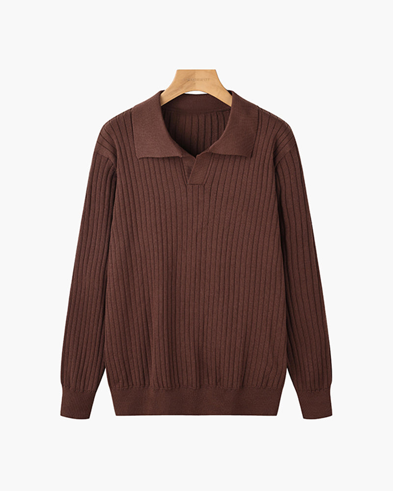 Men's Ribbed Knit Polo Sweater V Neck Slim Fit