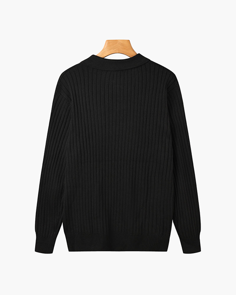 Men's Ribbed Knit Polo Sweater V Neck Slim Fit