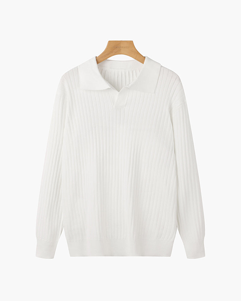 Men's Ribbed Knit Polo Sweater V Neck Slim Fit