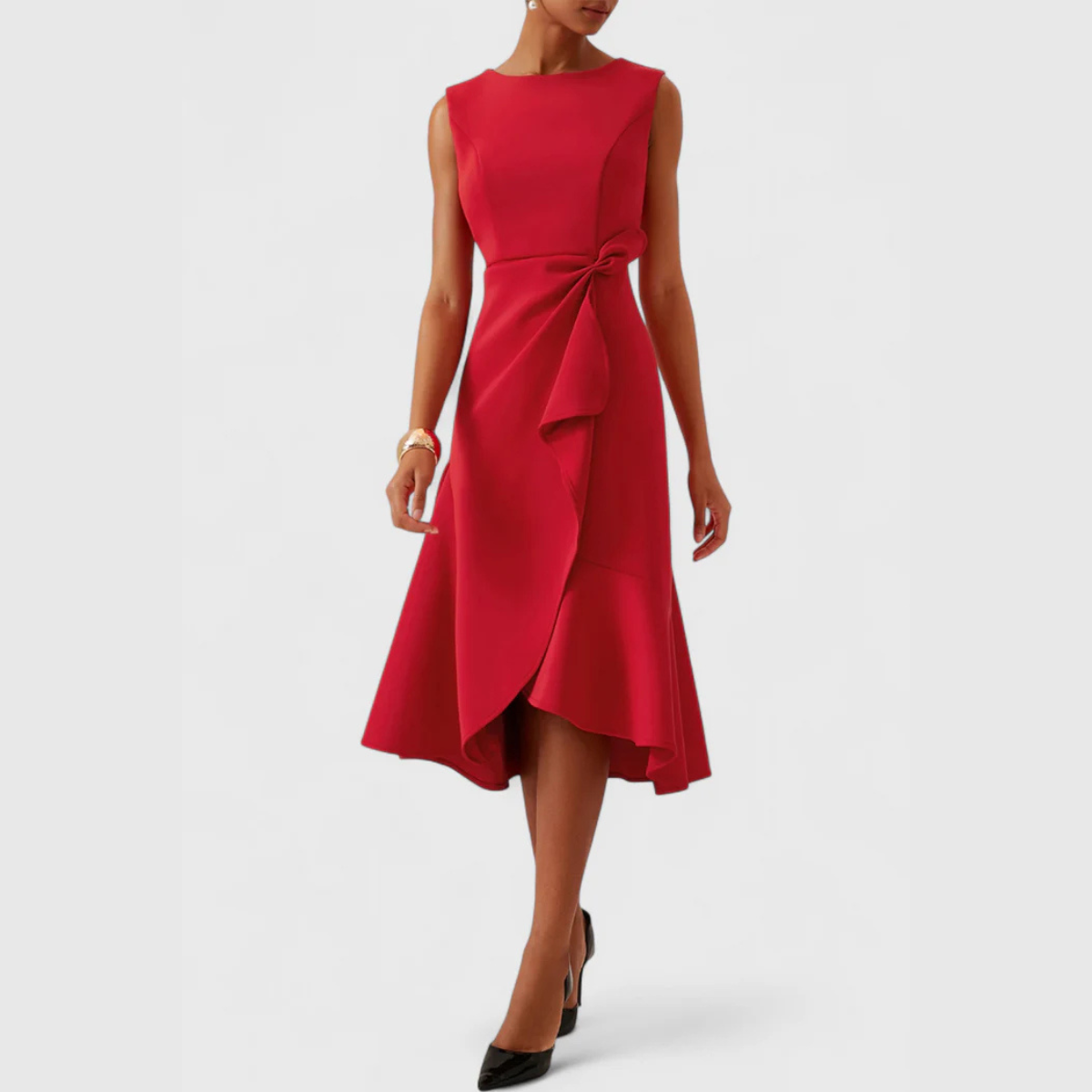 Women's Sleeveless Midi Dress With Draped Asymmetrical Hem