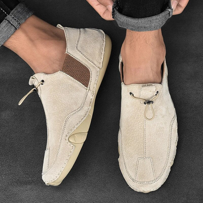 Men's Leather Loafers with Drawcord and Mesh Panels