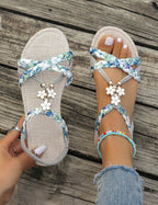 Women's Braided Flat Sandals with Floral Charm Details