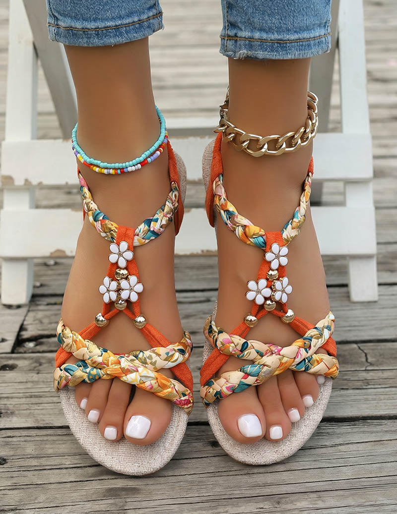 Women's Braided Flat Sandals with Floral Charm Details