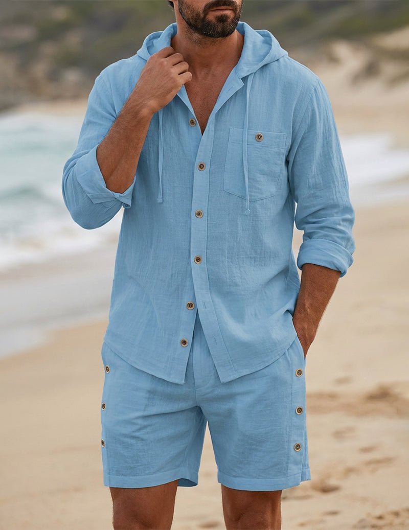 Men's Hooded Shirt and Relaxed Shorts Outfit Set