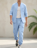 Men's Linen Cargo Set With Mandarin Collar Shirt
