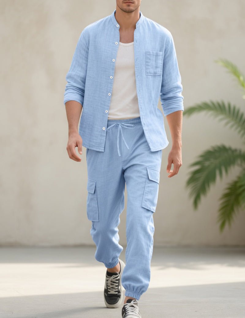 Men's Linen Cargo Set With Mandarin Collar Shirt