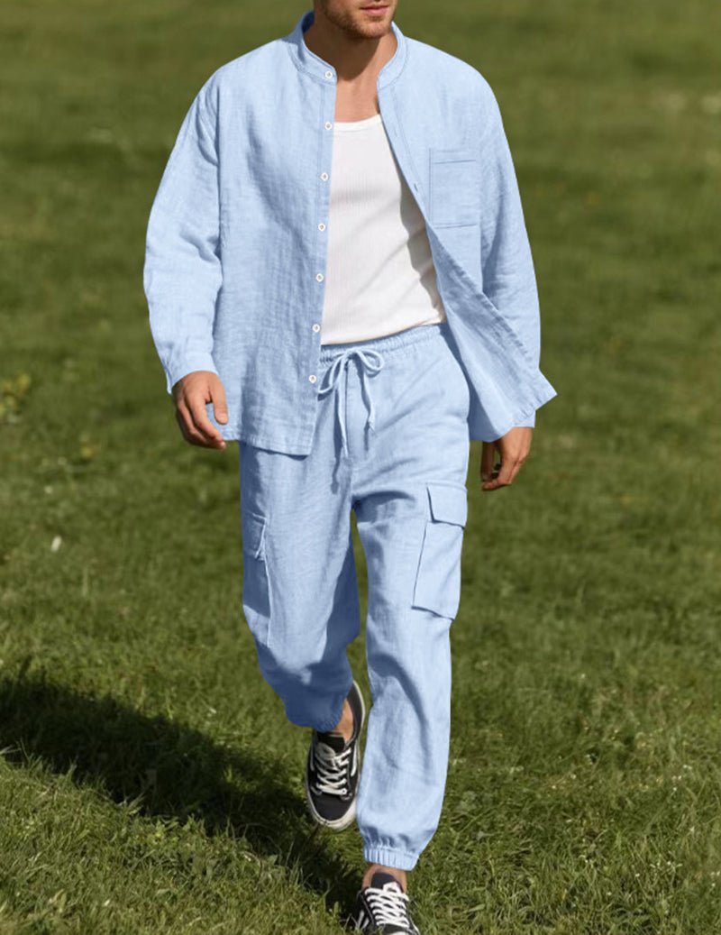 Men's Linen Cargo Set With Mandarin Collar Shirt