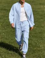 Men's Linen Cargo Set With Mandarin Collar Shirt