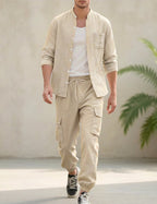 Men's Linen Cargo Set With Mandarin Collar Shirt