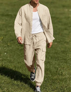 Men's Linen Cargo Set With Mandarin Collar Shirt