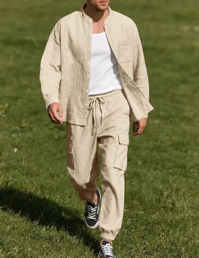 Men's Linen Cargo Set With Mandarin Collar Shirt