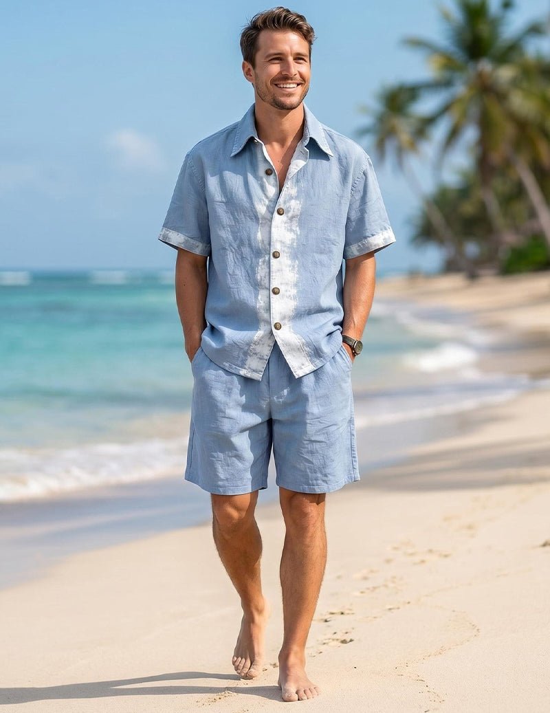 Men's Printed Linen Shirt and Shorts Outfit Set