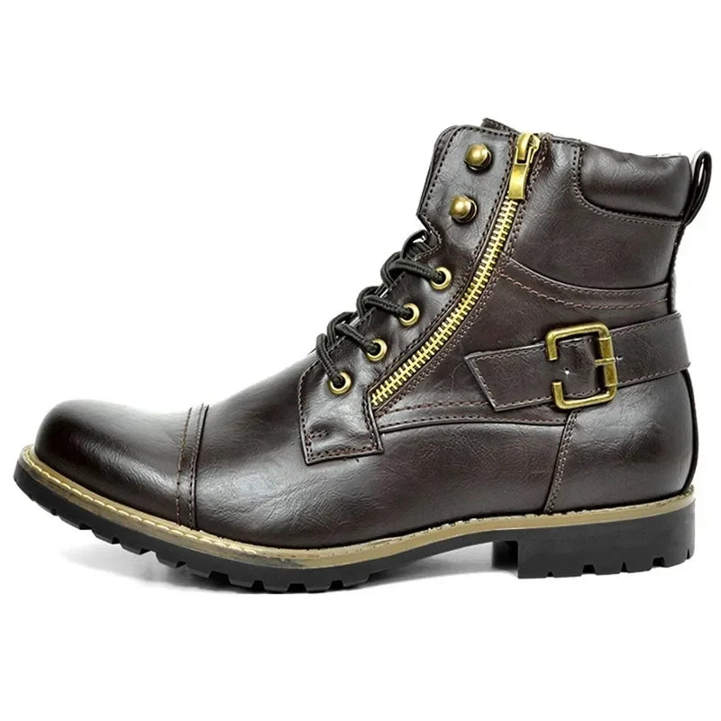 Men's Rugged Leather Boots with Buckle and Laces |