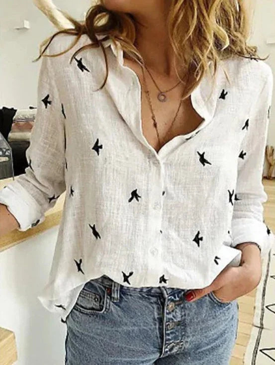 Women's Button-Down Shirt Long Sleeve Bird Print Blouse