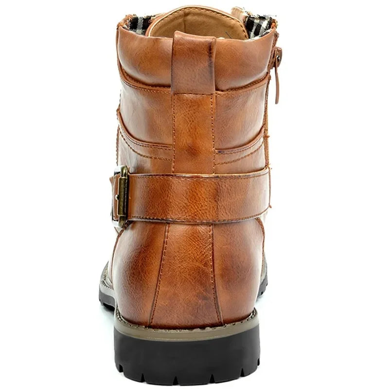 Men's Rugged Leather Boots with Buckle and Laces |