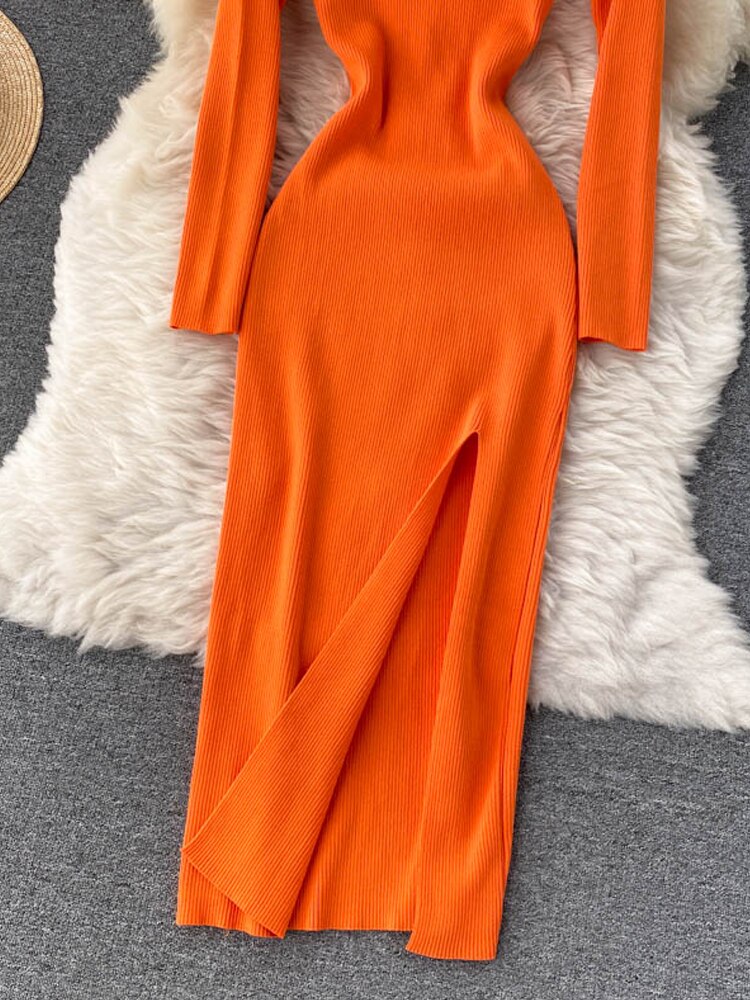 Women's Ribbed Knit Bodycon Maxi Dress – Long