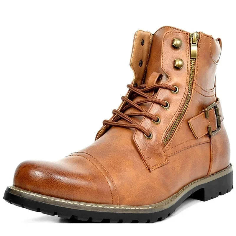 Men's Rugged Leather Boots with Buckle and Laces |