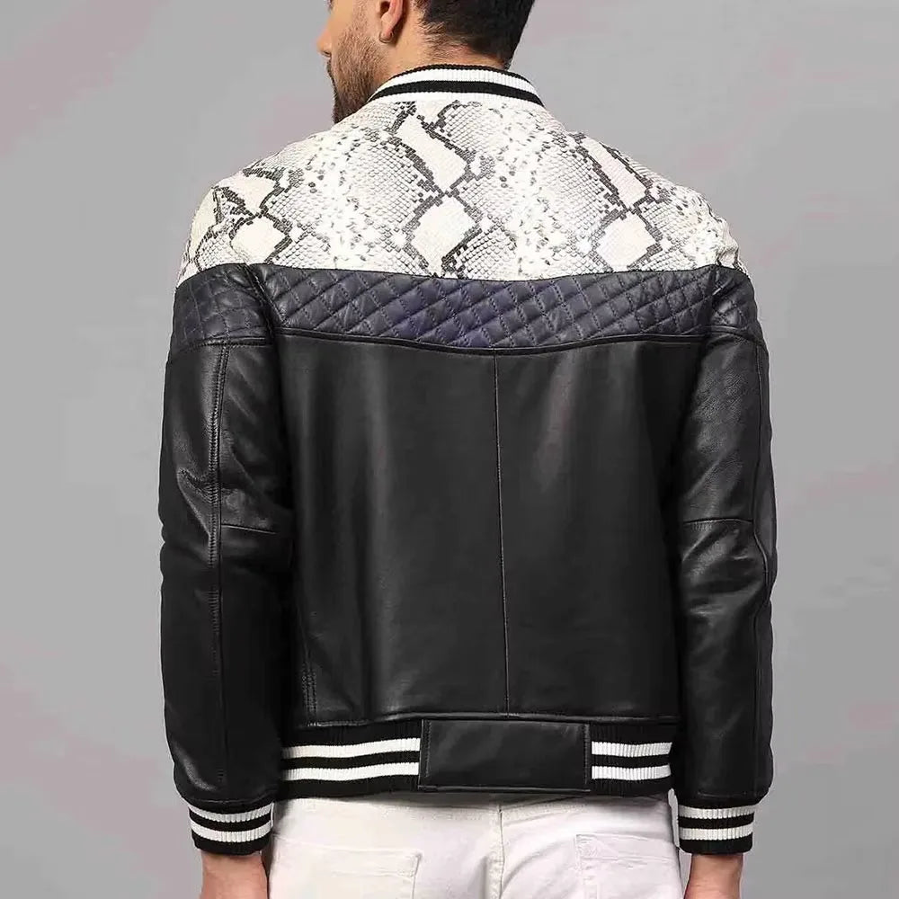 Men's Slim Fit Stand Collar Leather Bomber Jacket Breathable