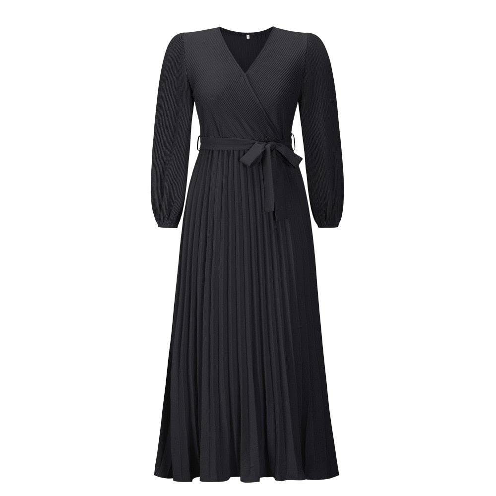 Women's Maxi Dress Pleated Wrap Waist Tie Long