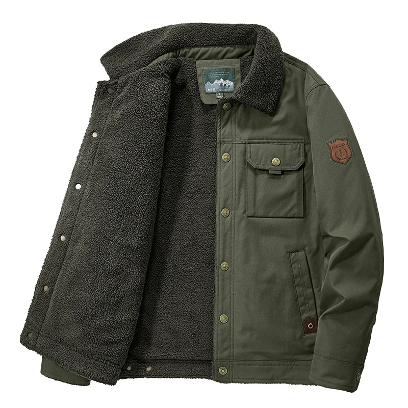 Men's Plush-Collar Sherpa Utility Jacket With Flap Pocket - Olive Green