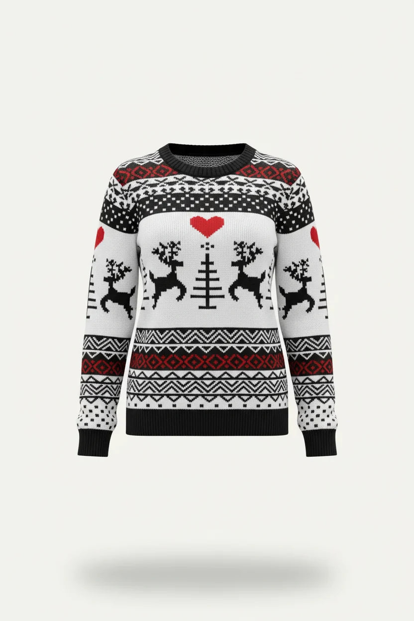 Women's All-Over Fair Isle or Rudolph Print Christmas Sweater - White