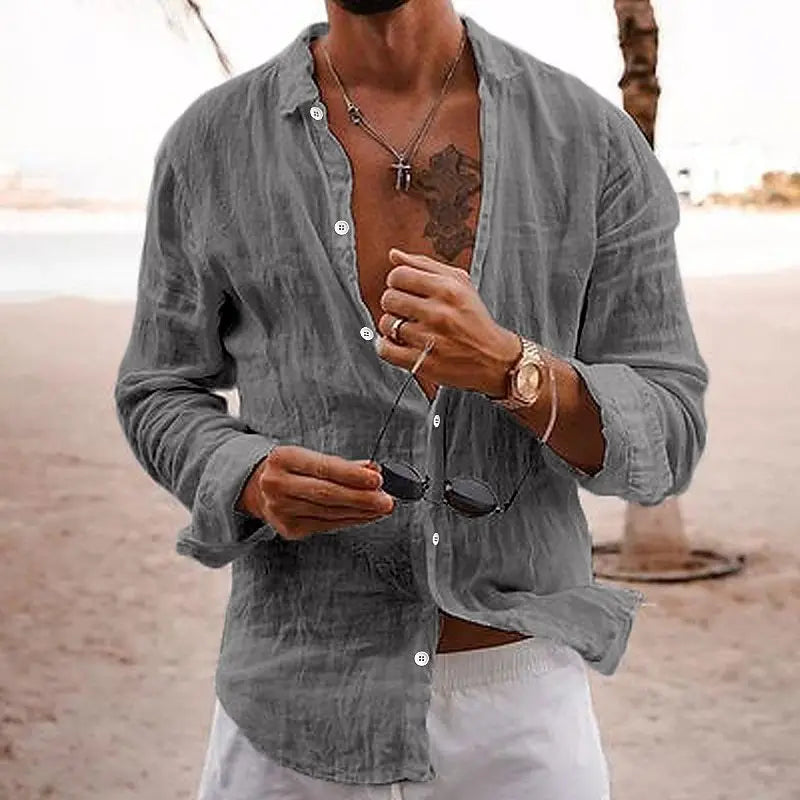 Men's Long Sleeve Linen Summer Casual Beach Shirt