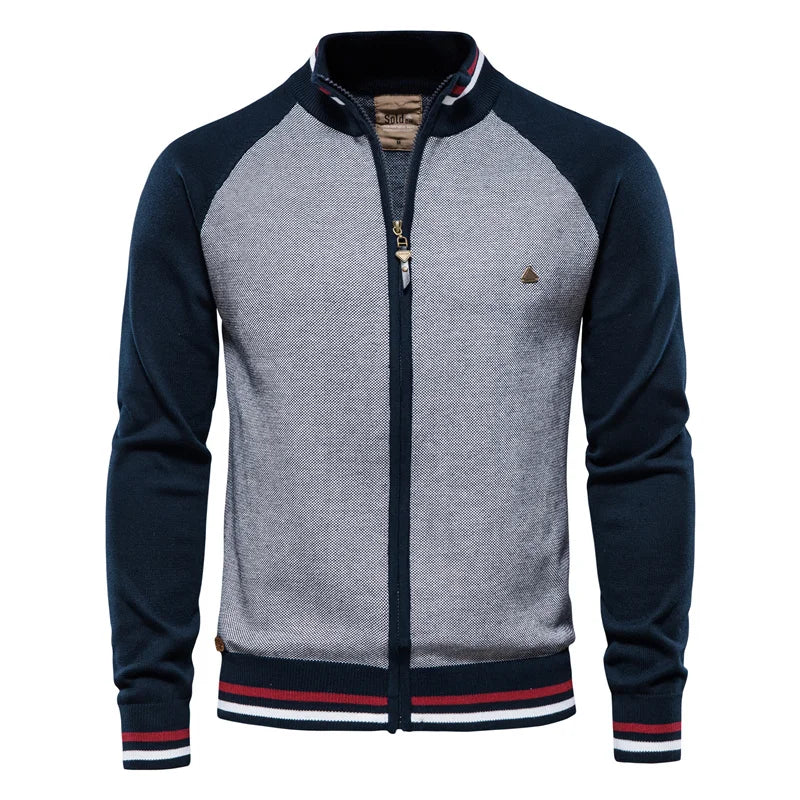 Men's Two Tone Zip Cardigan Ribbed Stand Collar Jacket