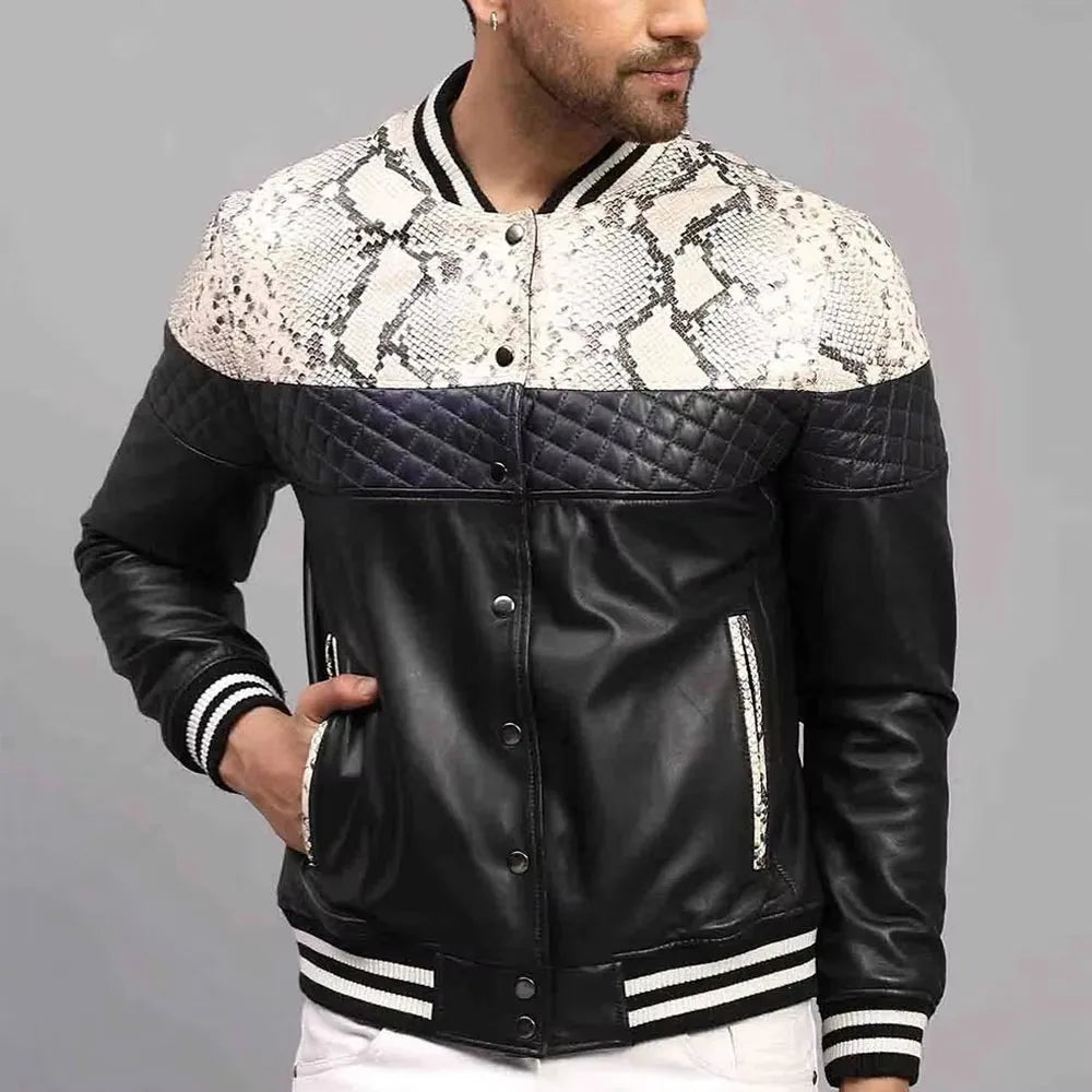 Men's Slim Fit Stand Collar Leather Bomber Jacket Breathable