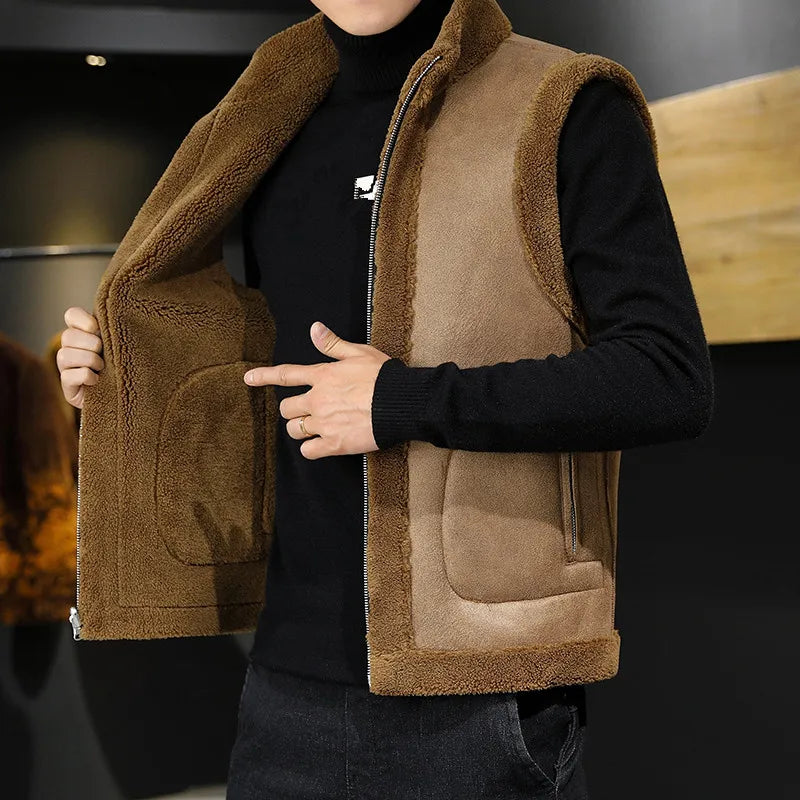 Men's Soft Sherpa Winter Vest With Full Zip and Pockets - Brown